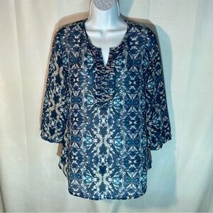 COLDWATER CREEK blue white geometric top S/8